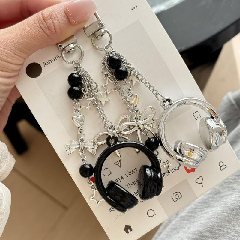 Phone Accessories For Teen Girls - 【IIOO】2개/세트 음악 이어폰 모양 열쇠고리 실버